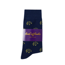 A pair of navy blue Musical Note Socks with yellow bicycle motifs and feet-harmonizing purple brand label.