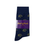 A pair of navy blue Musical Note Socks with yellow bicycle motifs and feet-harmonizing purple brand label.