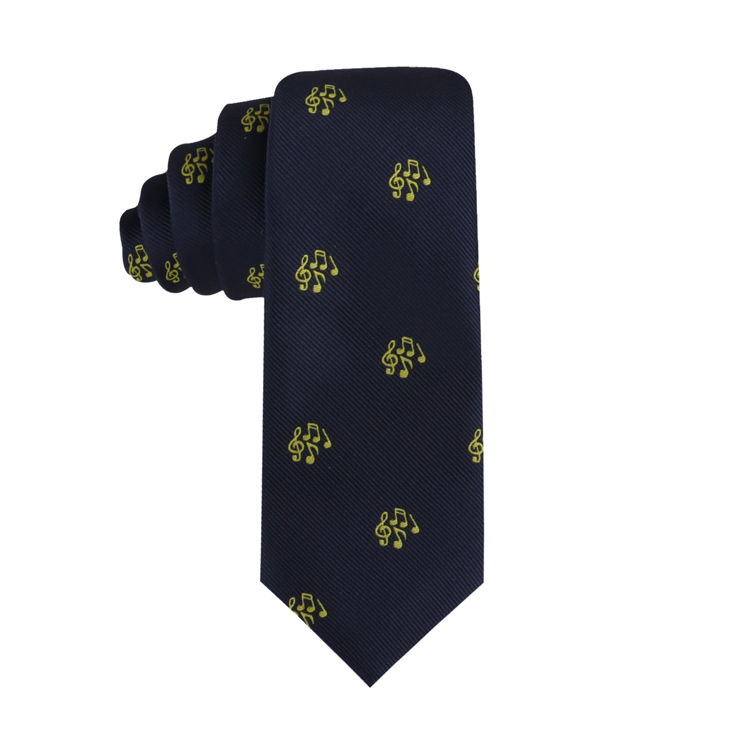 The Music Lover Necktie features a navy base adorned with small, evenly spaced yellow musical note patterns.