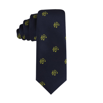 The Music Lover Necktie features a navy base adorned with small, evenly spaced yellow musical note patterns.