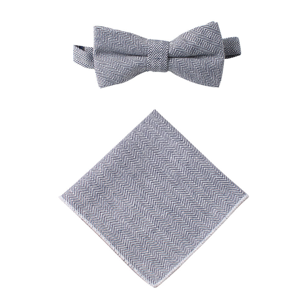 Navy Blue Herringbone Cotton Bow Tie & Pocket Square Set