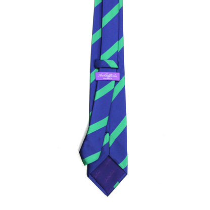 Navy green striped business tie with a pocket square set, featuring a refined purple label on the back for a sophisticated appeal.