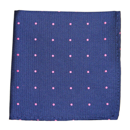 The Navy Pink Polka Dot Business Tie & Pocket Square Set, featuring a navy pocket square adorned with small pink polka dots, exudes sophistication.