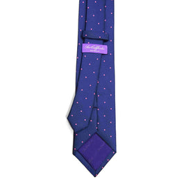 Men’s navy skinny tie with pink dots, stylish accessory for business wear, weddings, and special events.
