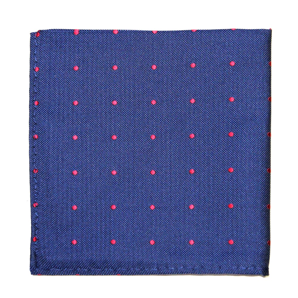 The Navy Red Polka Dot Business Tie & Pocket Square Set features a neatly folded navy blue pocket square with small red polka dots on a plain white background.
