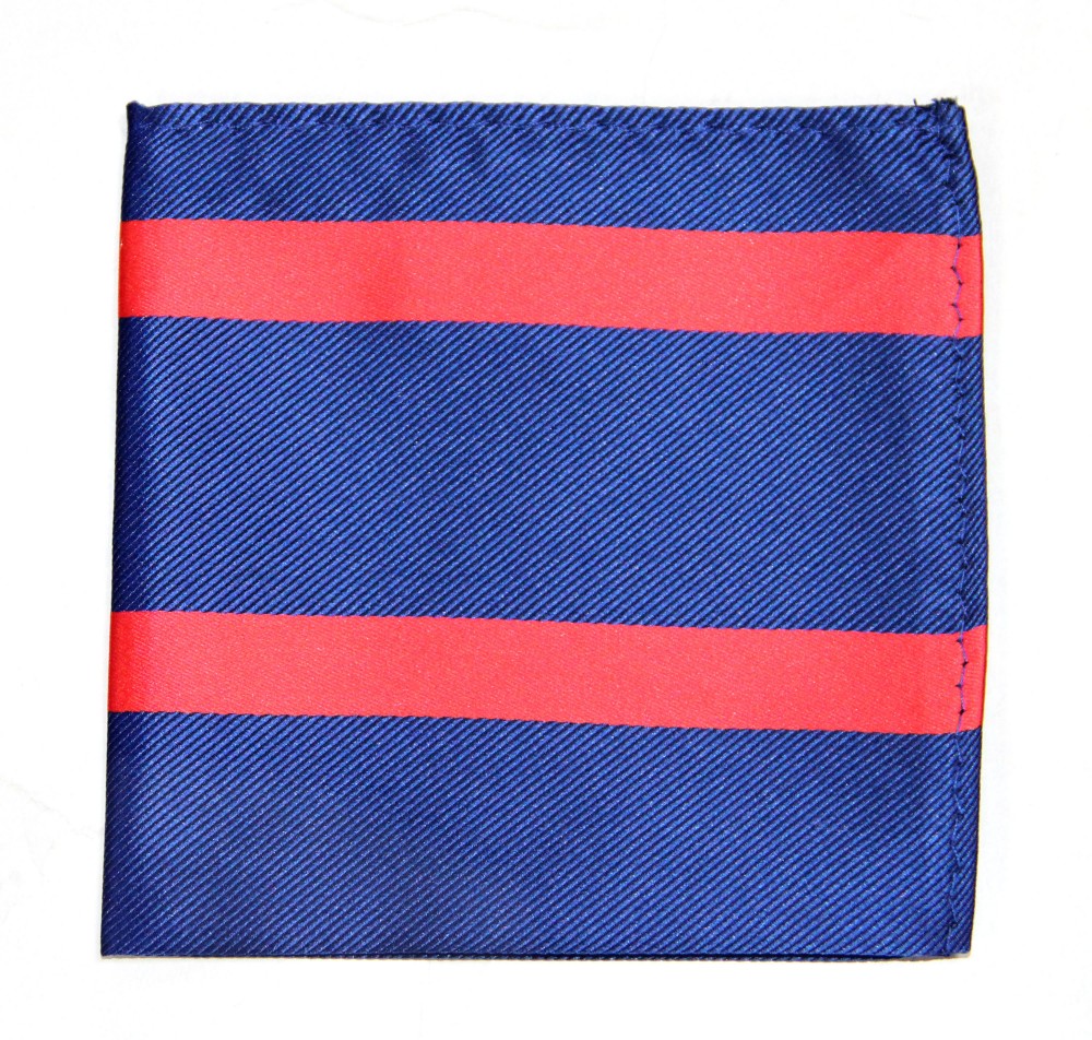 The Navy Red Stripe Business Tie & Pocket Square Set by AusCufflinks includes a blue pocket square with two horizontal red stripes, complementing the tie perfectly.