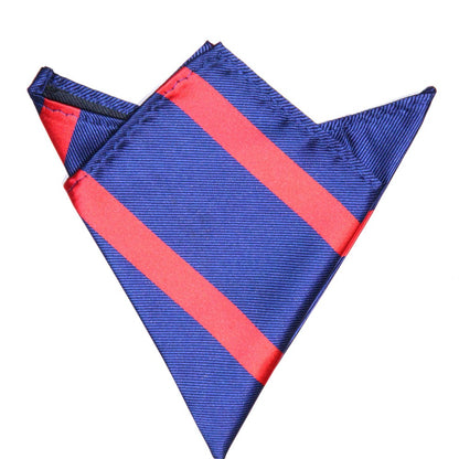 Introducing the Navy Red Stripe Business Tie & Pocket Square Set: a folded blue pocket square with two striking red diagonal stripes, perfectly paired with your business tie for a polished and professional ensemble.