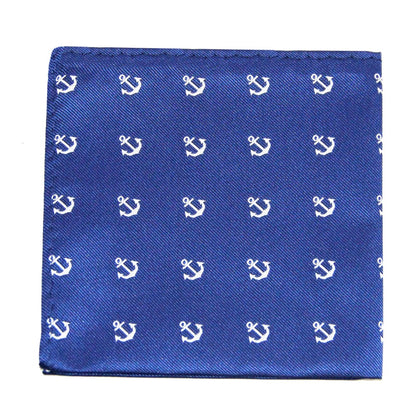 The Navy Anchor Business Tie & Pocket Square Set features a blue pocket square with white anchors, adding nautical charm to any formal look.
