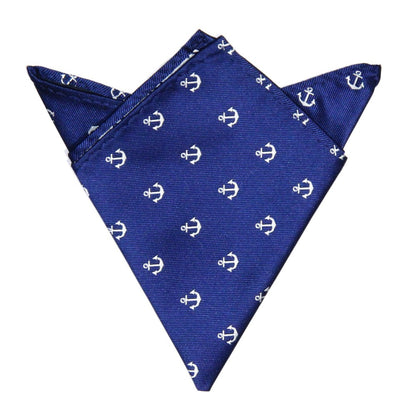 The Navy Anchor Business Tie & Pocket Square Set includes a blue pocket square with a white anchor pattern, adding nautical charm and effortlessly complementing your formal look.