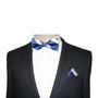 A mannequin showcases a classic pinstripe suit paired with a white shirt, the Navy White Stripe Bow Tie, and a matching pocket square, exuding an air of timeless charm.