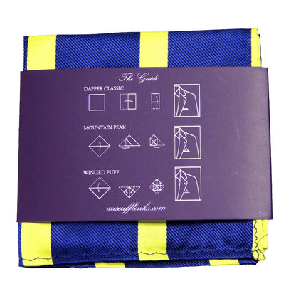 The Navy Yellow Stripe Business Tie & Pocket Square Set includes a blue and yellow striped design with an instruction card for stylish folds, making it perfect for a polished look.