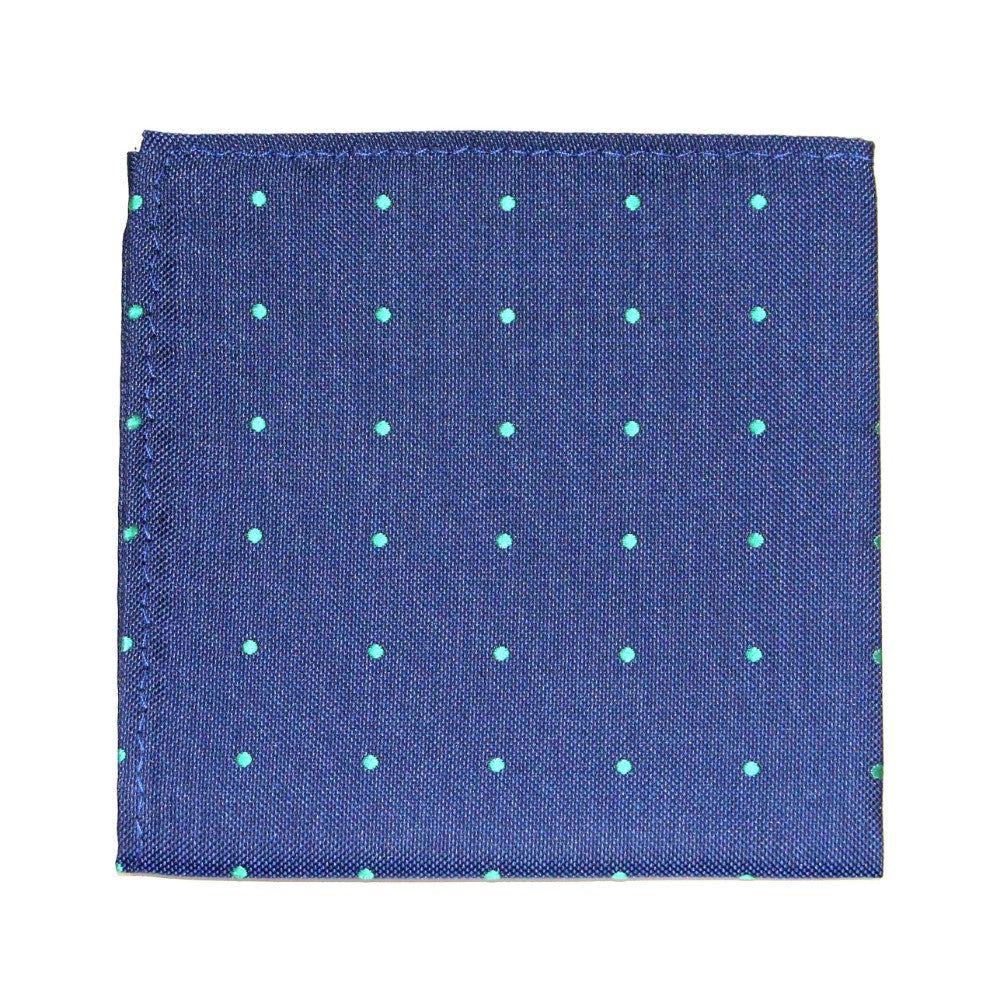 The Navy Green Polka Dot Business Tie & Pocket Square Set includes a blue pocket square with green polka dots, ideal for complementing the modern gentleman’s look. Its neat square fold pairs effortlessly with the tie, offering a refined touch to your attire.
