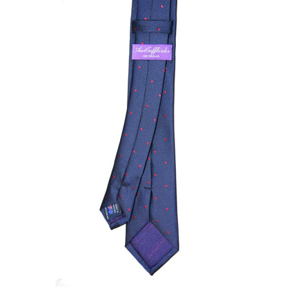 Enhance your style with the Navy Red Polka Dot Business Tie & Pocket Square Set, made from dark blue silk with tiny red spots and a refined purple "SilkCufflinks Australia" label.