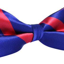 The Navy Red Stripe Bow Tie features a symmetrical design, offering classic elegance ideal for formal events when matched with a crisp white shirt.