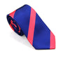 Part of the Modern Gentleman Accessories collection, this business tie and pocket square set features a navy base with bold diagonal reddish pink stripes, elegantly rolled in a sophisticated display.