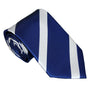 The Navy White Stripe Business Tie & Pocket Square Set features a rolled blue necktie with white diagonal stripes on a crisp white background, ideal for formal occasions.