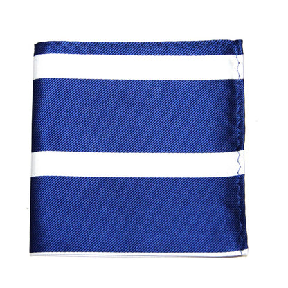 The Navy White Stripe Business Tie & Pocket Square Set includes a folded blue and white striped pocket square with a stitched edge, ideal for formal occasions.