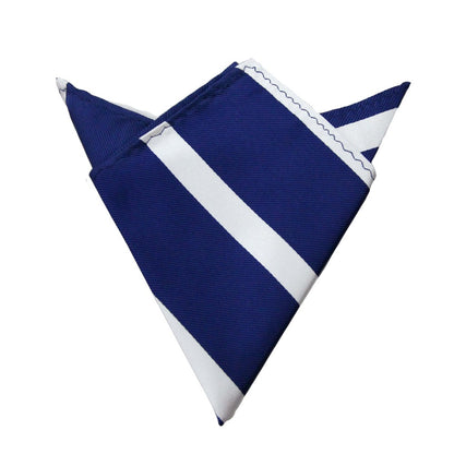 This elegant Navy White Stripe Business Tie & Pocket Square Set features a crisp, expertly folded blue and white striped pocket square. Perfect for formal occasions, it pairs seamlessly with the matching tie for a polished look.