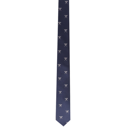 The Novelty Baseball Tie is a dark blue necktie with a pattern of small, white crossed lines, perfect for adding a touch of elegance to any occasion.