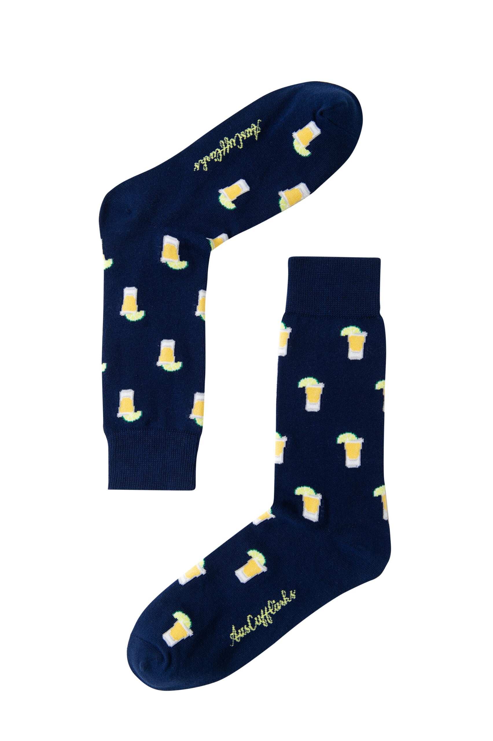 A pair of Tequila Socks in navy blue with a repeating beer mug pattern and yellow cursive text on the soles—ideal for tequila lovers.