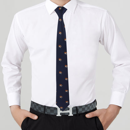Person showcasing a bold style in a white dress shirt, a Tiger Skinny Tie featuring small orange logos, black pants, and a checkered black belt with a silver buckle.