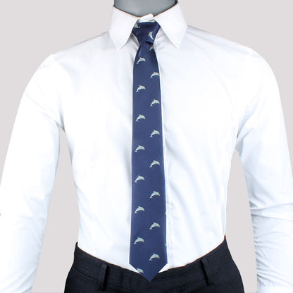 Mannequin dressed in a white dress shirt with a Ocean Print Necktie, perfect for ocean enthusiasts, paired with dark trousers.