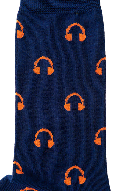 A pair of Headphones Socks with orange headphones on them.