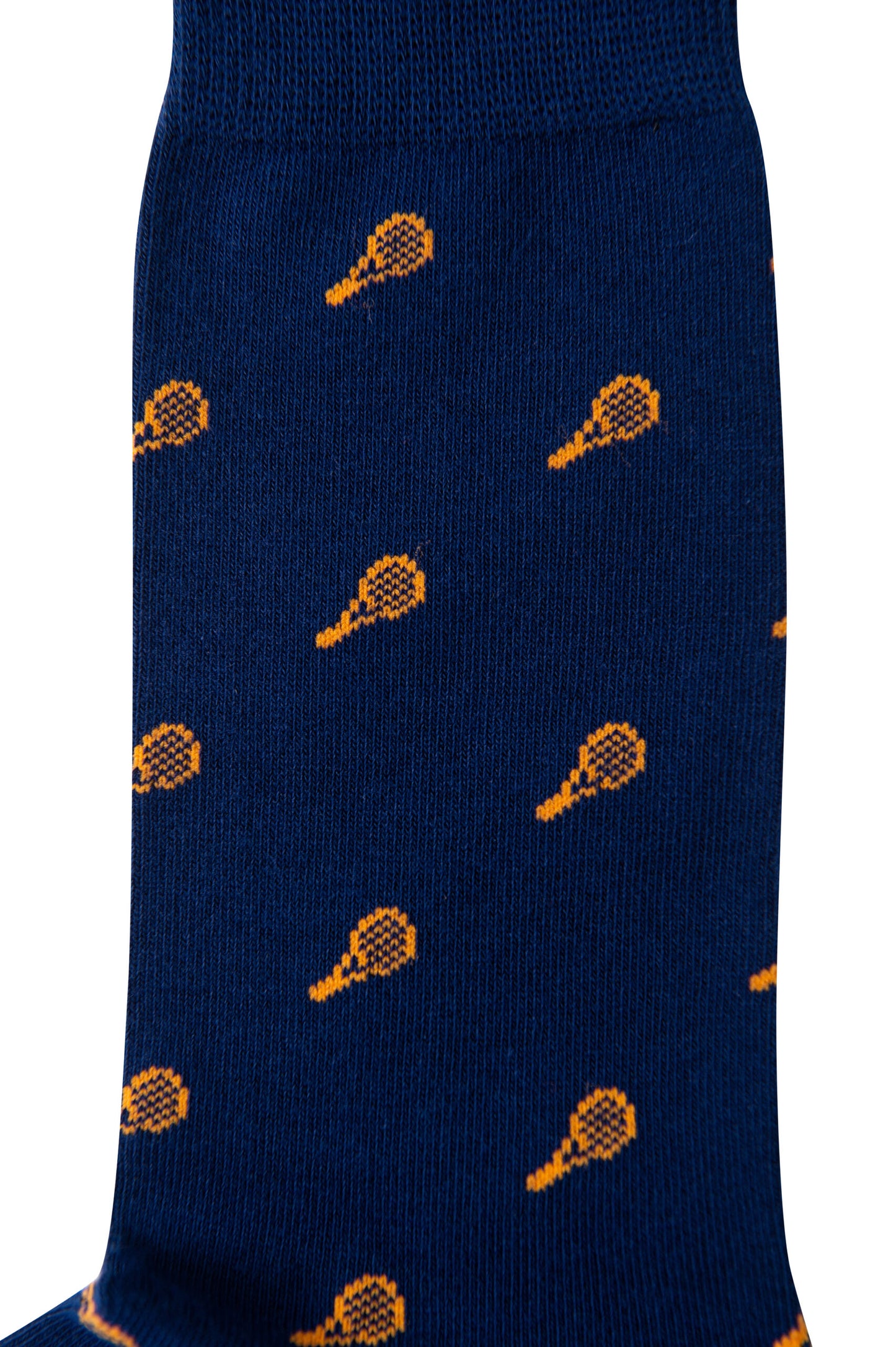 Introducing the Orange Tennis Socks: blue socks featuring a repeating pattern of small, orange tennis rackets, delivering both comfort and vibrant colors that stand out.