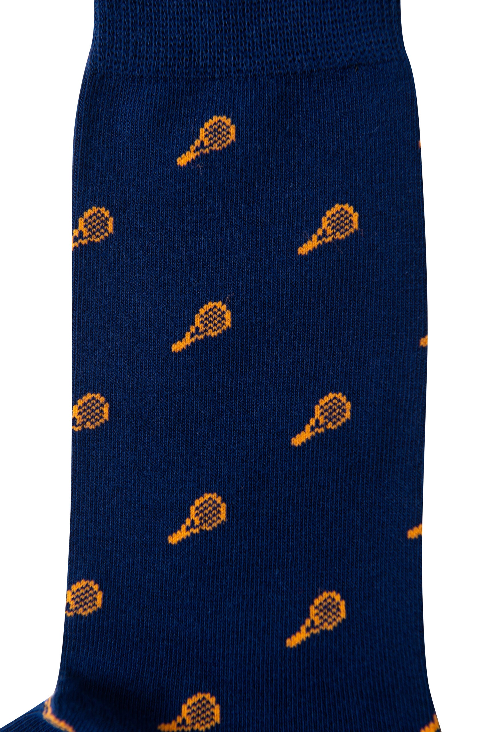 Introducing the Orange Tennis Socks: blue socks featuring a repeating pattern of small, orange tennis rackets, delivering both comfort and vibrant colors that stand out.