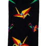 The Paper Bird Socks are black and present a vibrant pattern of origami cranes in red, yellow, green, and blue, displaying intricate craftsmanship in every detail.