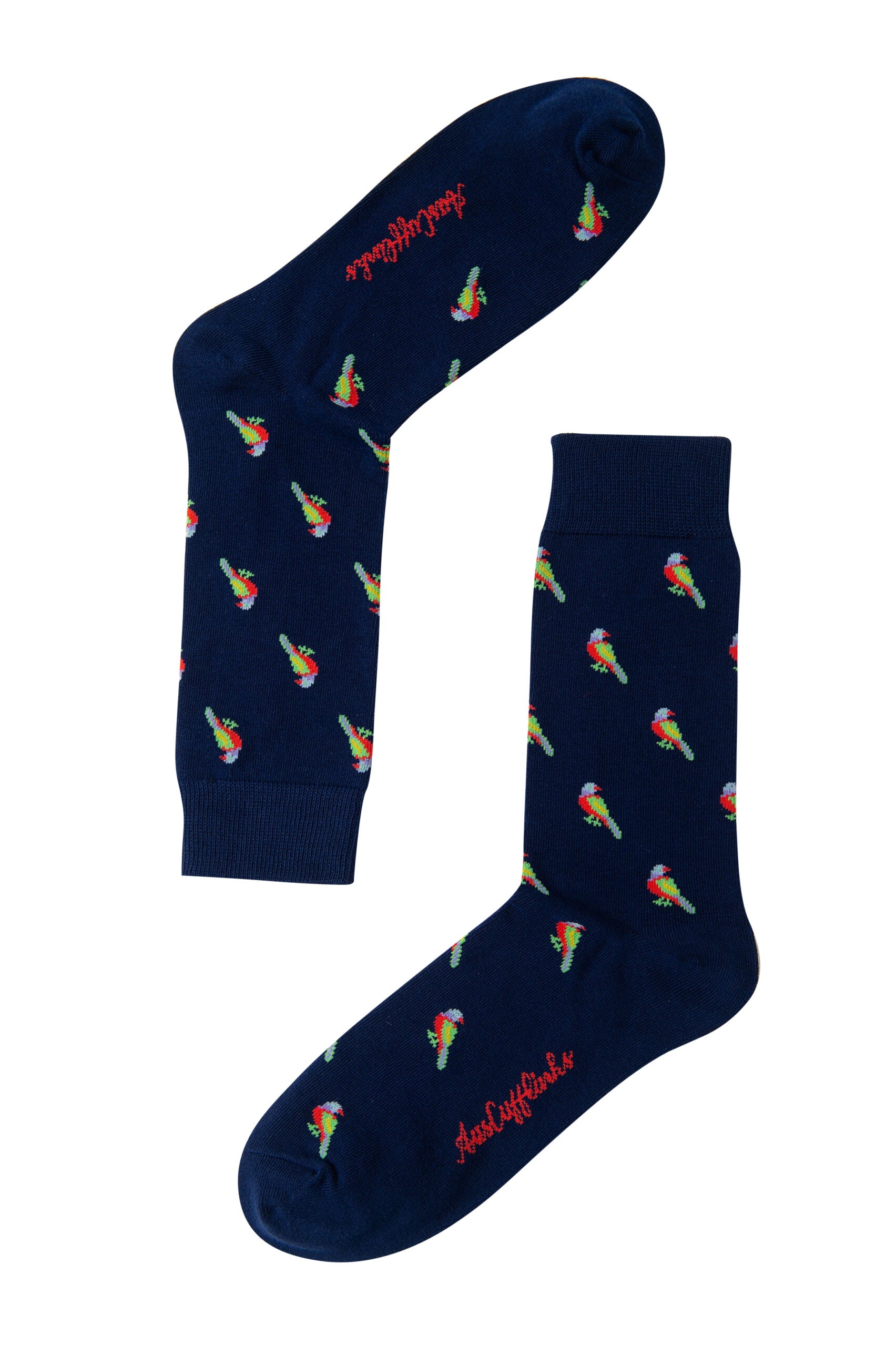 Two blue "Parrot Socks," featuring vibrant tropical parrot patterns and red branding text near the toes, are laid out flat on a white background.