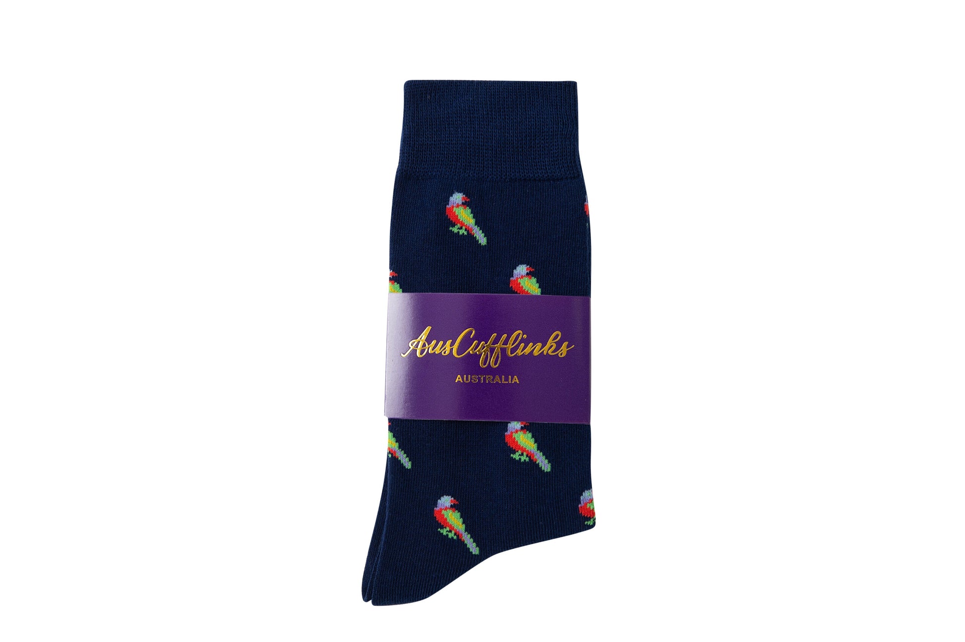 Navy blue Parrot Socks featuring a tropical parrot pattern, secured with a purple band labeled "AUSCUFFLINKS AUSTRALIA.