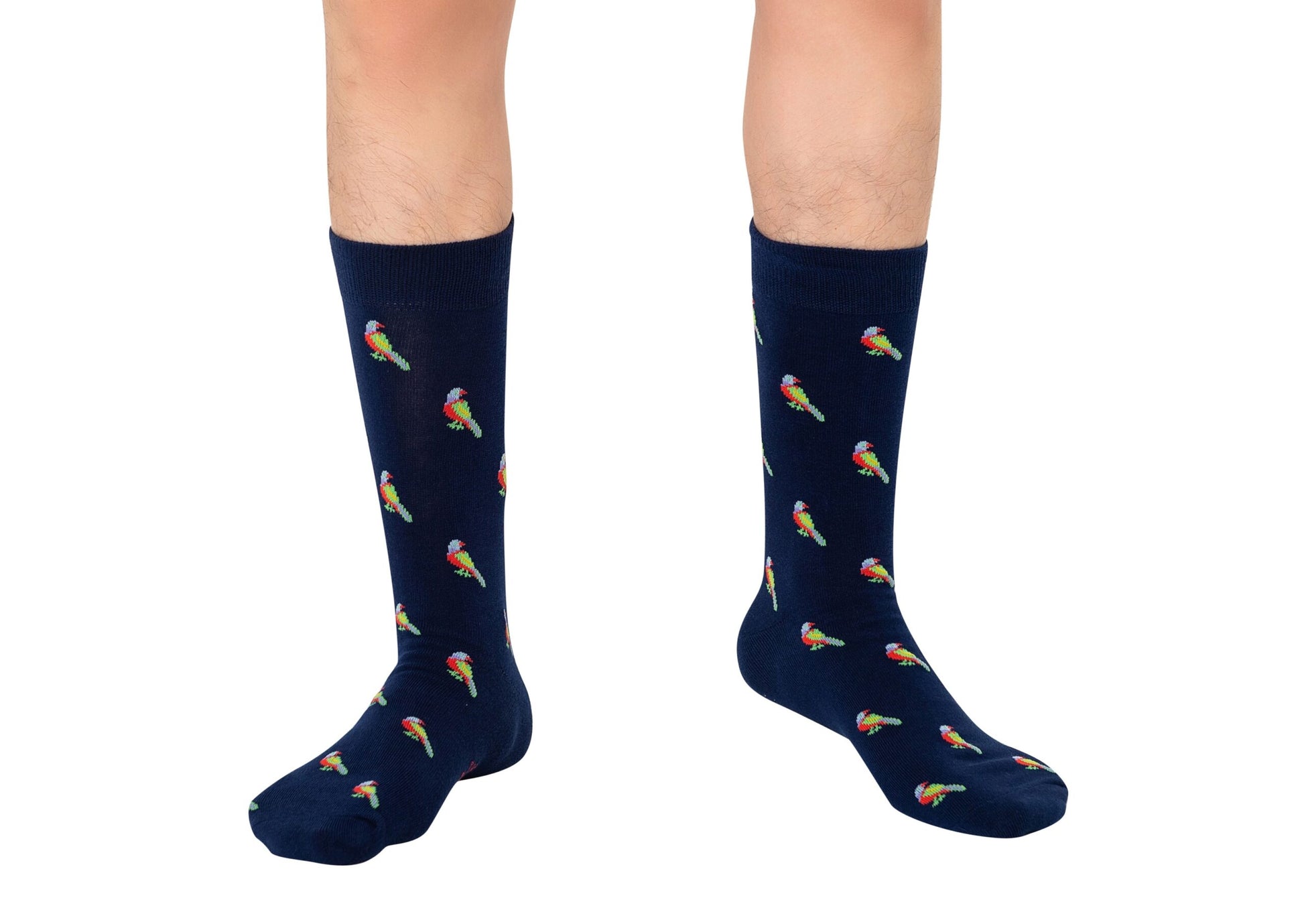 A person wearing Parrot Socks in navy blue, featuring a vibrant tropical parrot pattern, ideal for the chatterbox who enjoys expressing their bold style.