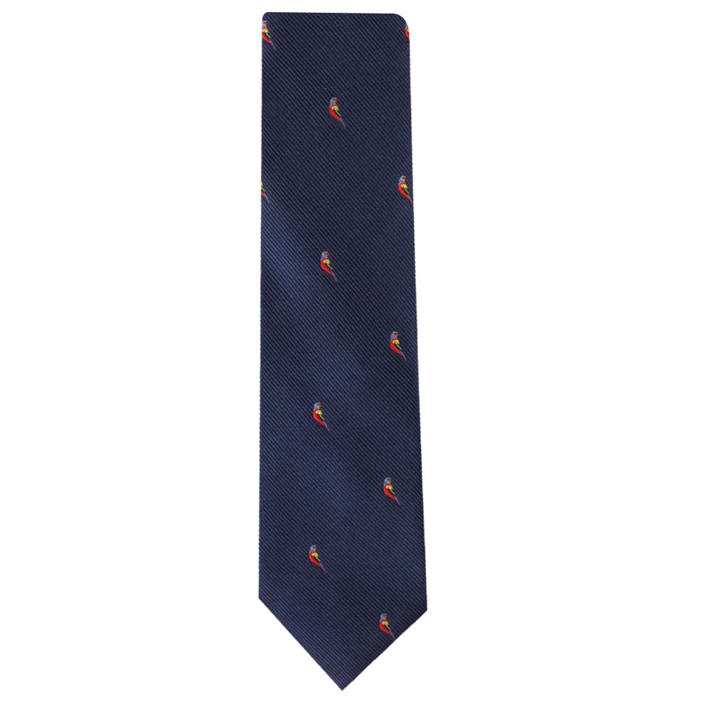 Dark blue necktie with a pattern of small multicolored umbrellas and the Red Parrot Skinny Tie design.