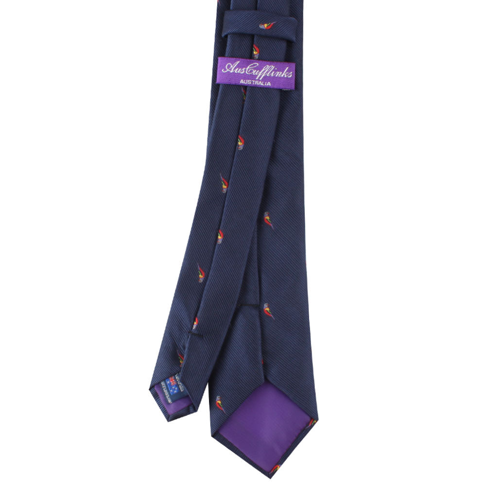 Navy blue tie with spaced-out Red Parrot Skinny Tie design and contrasting purple tail.