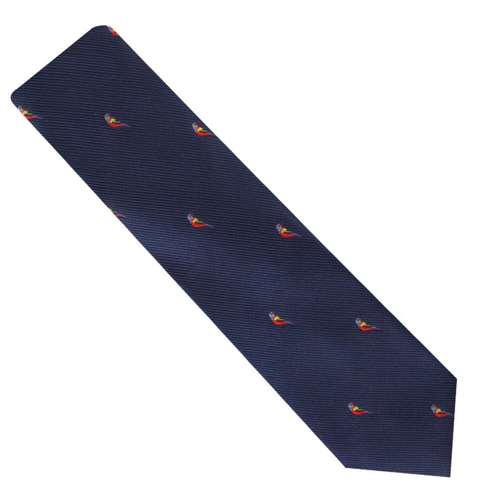 A Red Parrot skinny tie with a vibrant pattern of small rainbow motifs on a white background.