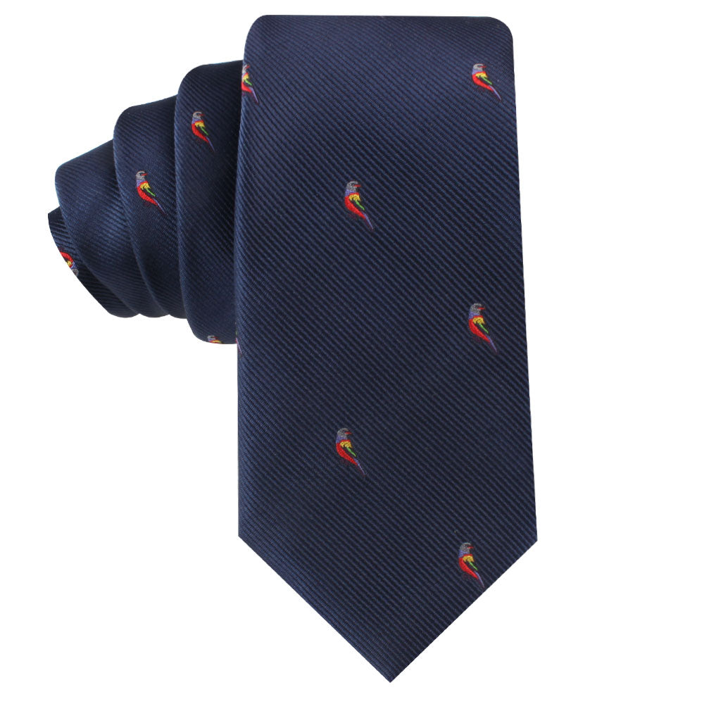 A navy blue Red Parrot Skinny Tie with a diagonal striped pattern, vibrant rainbow motifs, and recurring red parrot design.