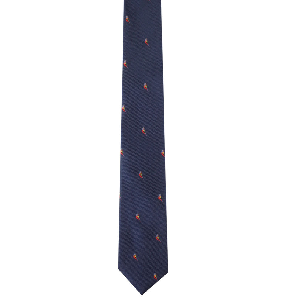 Navy blue tie with small Red Parrot Skinny Tie design emblem pattern, exuding nature-inspired elegance.