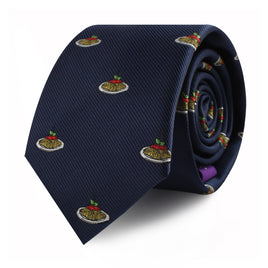 The Pasta Slim Tie is a rolled-up navy blue tie featuring a repeated pattern of small plates of spaghetti and meatballs, exuding a modern style with Italian flair.