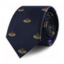 The Pasta Slim Tie is a rolled-up navy blue tie featuring a repeated pattern of small plates of spaghetti and meatballs, exuding a modern style with Italian flair.