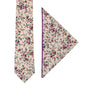 A Pastel Pink Rose Floral Cotton Skinny Tie and Pocket Square Set featuring a beige base adorned with pink and green bloom designs, exuding timeless elegance.