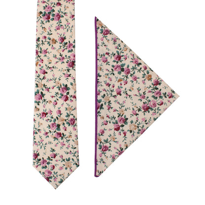 Pastel Pink Rose Floral Cotton Skinny Tie and Pocket Square Set