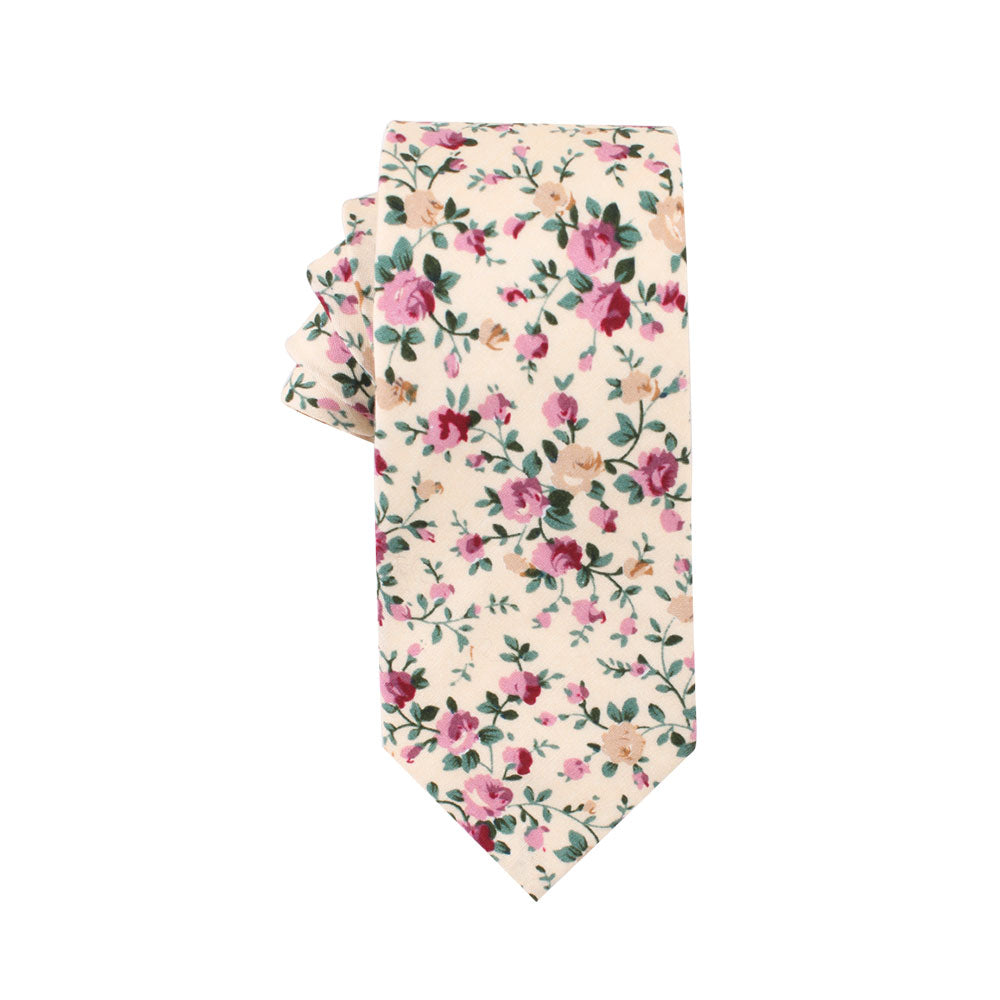 Pastel Pink Rose Floral Cotton Skinny Tie and Pocket Square Set