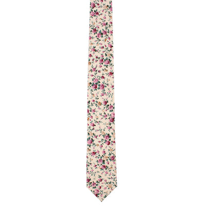The Pastel Pink Rose Floral Cotton Skinny Tie and Pocket Square Set features a beige necktie adorned with vibrant pink, red, green, and yellow flowers in full bloom.