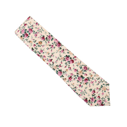 Pastel Pink Rose Floral Cotton Skinny Tie and Pocket Square Set featuring small, multicolored blooms on a cream background, photographed against a white backdrop.