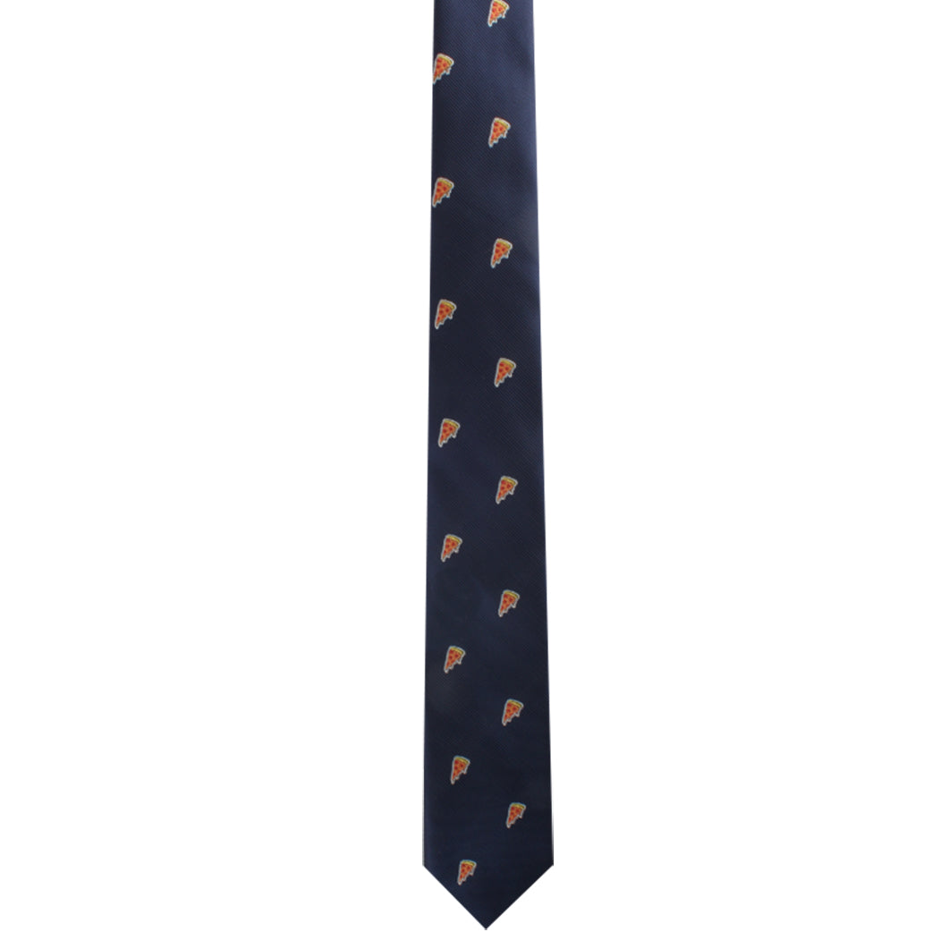 A navy blue Pepperoni Pizza Tie featuring pizza slice designs spaced evenly across the fabric, offering a savory style that is an essential addition to any collection.