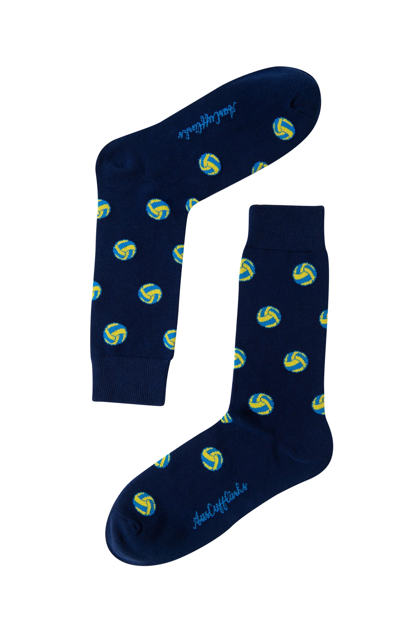 Enhance your sock collection with two navy Volleyball Socks, featuring a playful pattern of small, colorful volleyballs. Each sock prominently showcases the brand name on the foot.