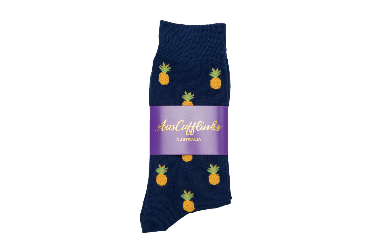 A pair of Pineapple Socks, offering tropical comfort from heel to toe. Wrapped in a purple label with gold text reading "AusCufflinks Australia.