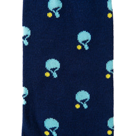 Blue Table Tennis Socks featuring a repeating pattern of small, light blue tennis racket and ball icons, ensuring perfection for your feet.