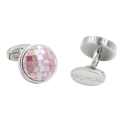 A pair of Pink Crystal Dome Cufflinks exudes style and grace with their round, pink checkered pattern inlay. One cufflink has "AES CUFFLINKS" engraved on the back, enhancing their distinguished appeal.